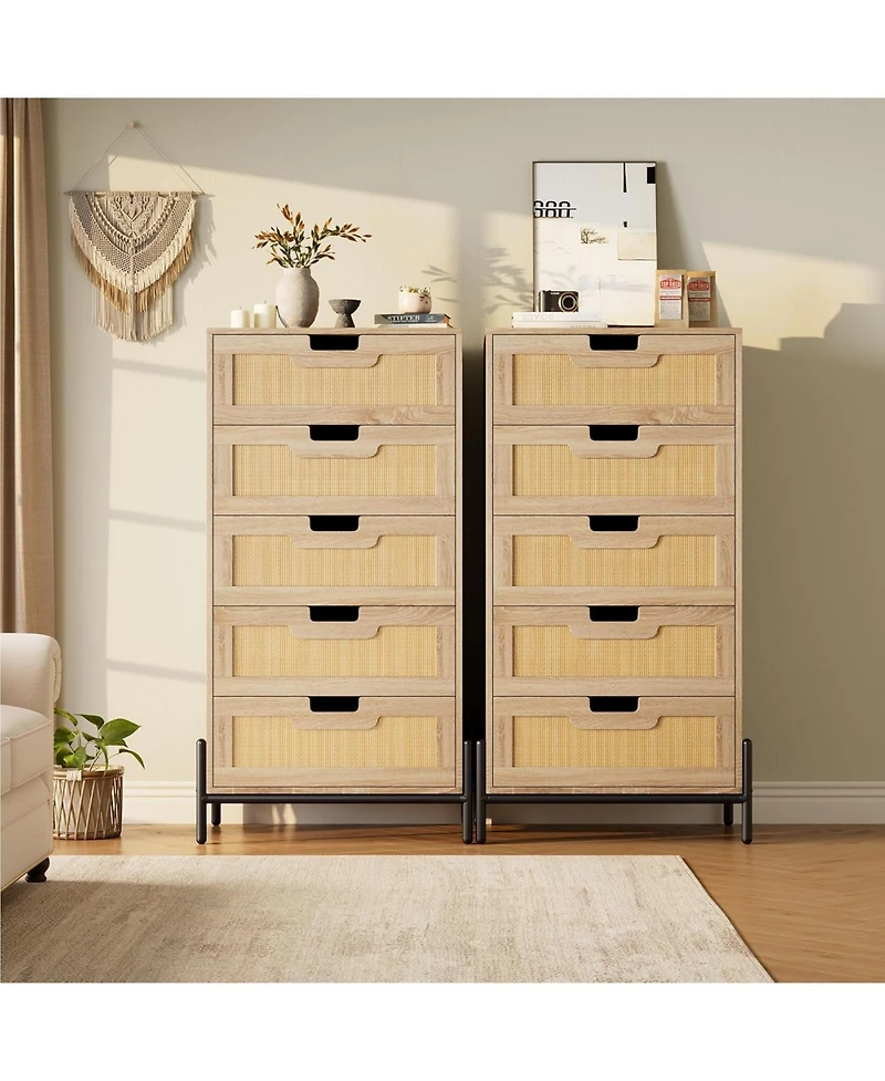 Gaomon 5-Drawer Rattan & Wood Farmhouse Cabinet with Metal Legs – Modern Dresser