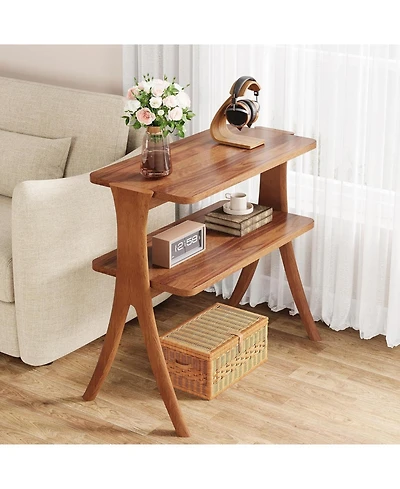 Tribesigns Walnut Side Table, Narrow End Table with 2-Tier Storage Shelf and Solid Wood Legs