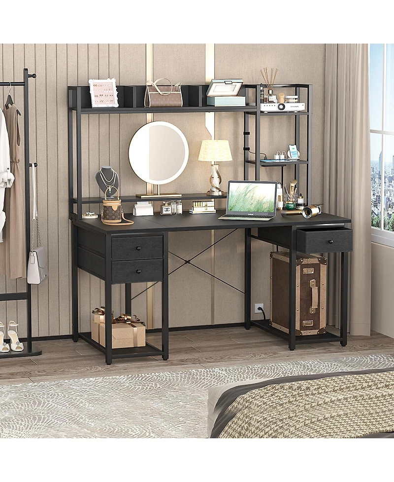 Aheaplus 47-55 inch Computer Desk with 3 Drawers and Storage Shelves