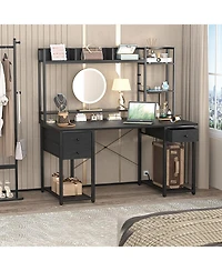 Aheaplus 47-55 inch Computer Desk with 3 Drawers and Storage Shelves