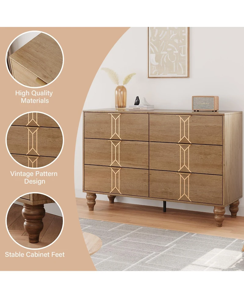 gaomon 6 Drawer Dresser with Vintage Pattern Design, Modern Chest Dresser