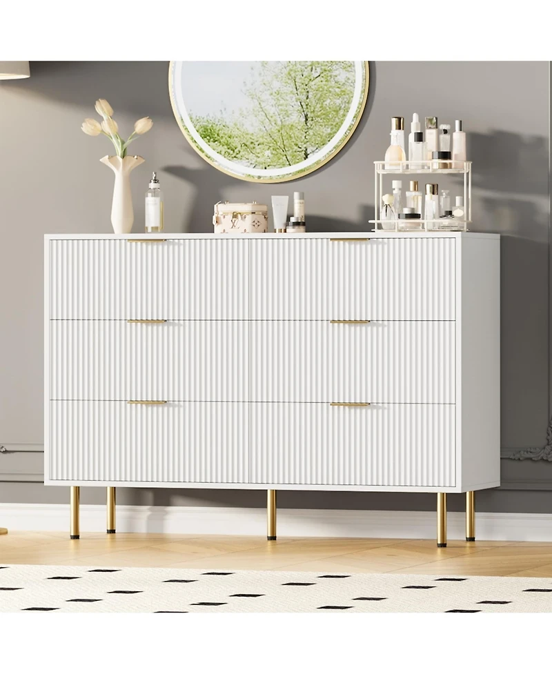 Gaomon Fluted Wood Dresser 6 Drawers Dresser for Bedroom, Large Modern Chest of Drawers, Brown Dresser