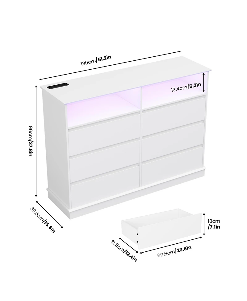Gaomon Dresser for Bedroom with 6 Drawers, Modern Chest Featuring Led Lights and Charging Station, Spacious Storage Cabinet