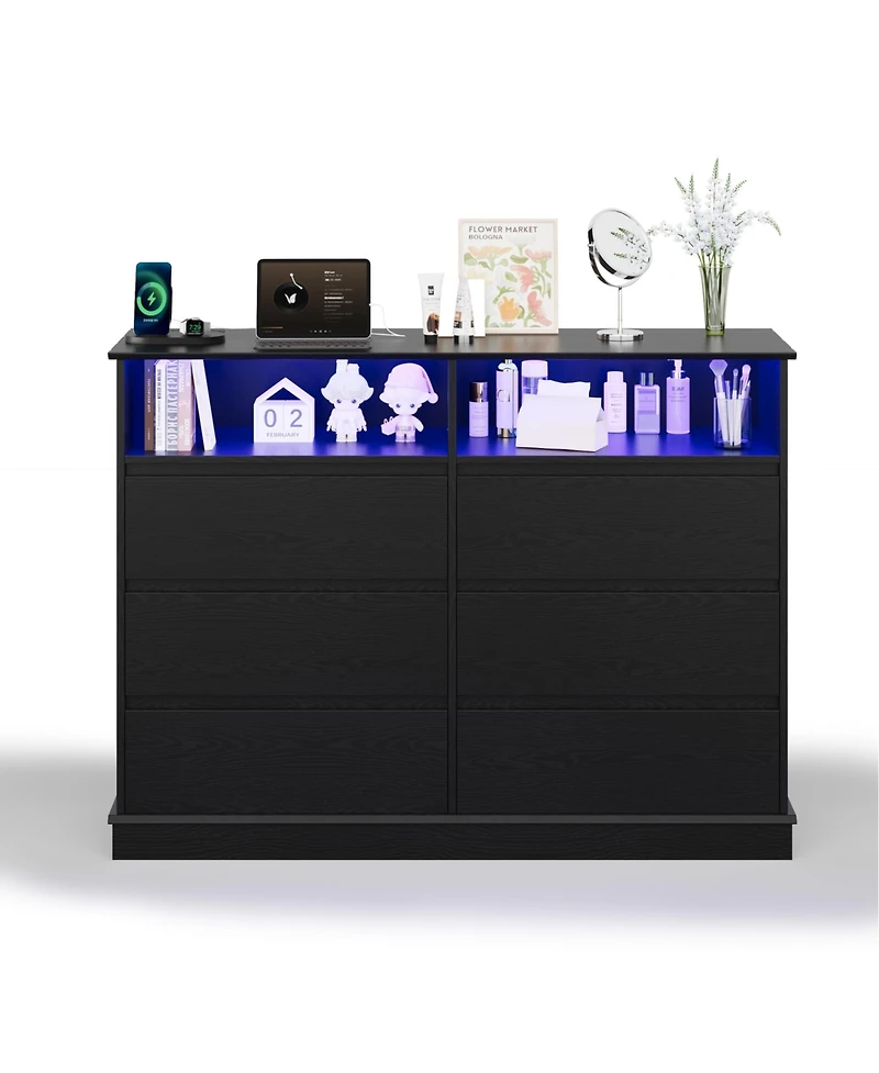 Gaomon Dresser for Bedroom with 6 Drawers, Modern Chest Featuring Led Lights and Charging Station, Spacious Storage Cabinet