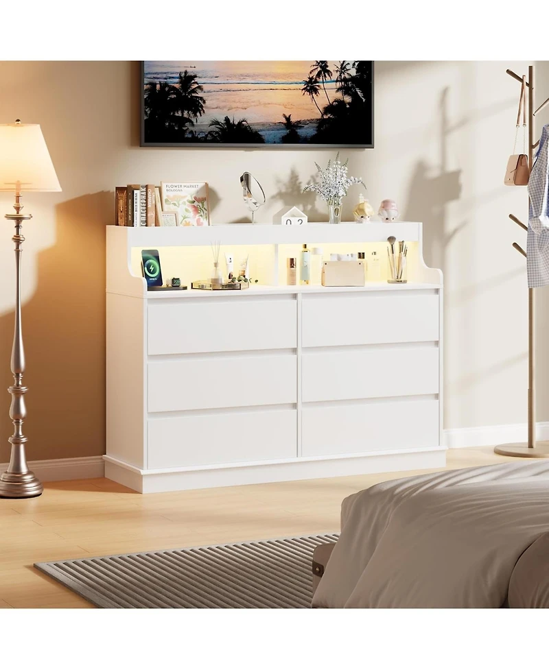 Dresser for Bedroom with 6 Drawers, Modern Chest Featuring Led Lights and Charging Station