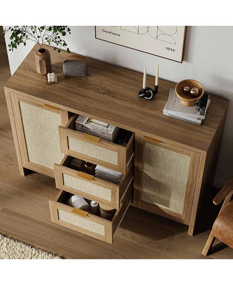 gaomon 47.2-Inch Rattan Buffet Sideboard Cabinet, Boho Credenza with Drawers & Doors, Wooden Coffee Bar Storage for Entryway or Living Room"