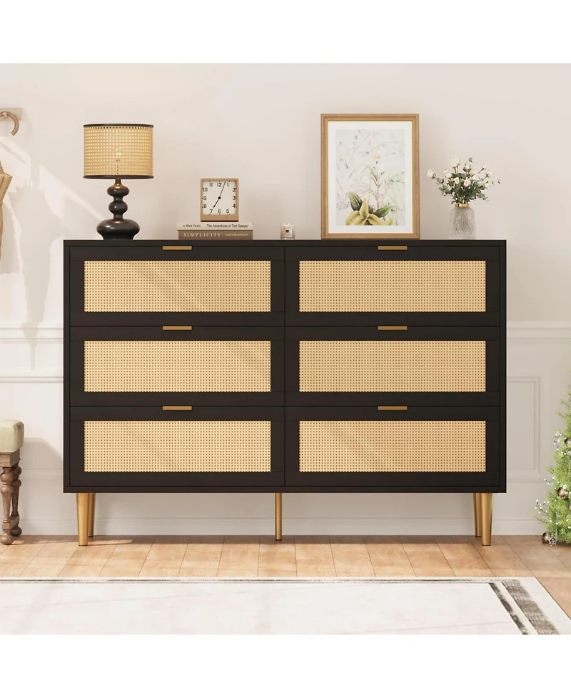 gaomon 6-Drawer Bedroom Dresser, Wood Storage Cabinet with Gold Legs & Handles, Boho Farmhouse Double Chest for Bedroom or Living Room