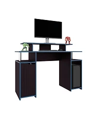 Flynama Wengue Gaming Desk with Blue Accents Six Shelves and Storage Door Compact Design for Organized Gaming Setups