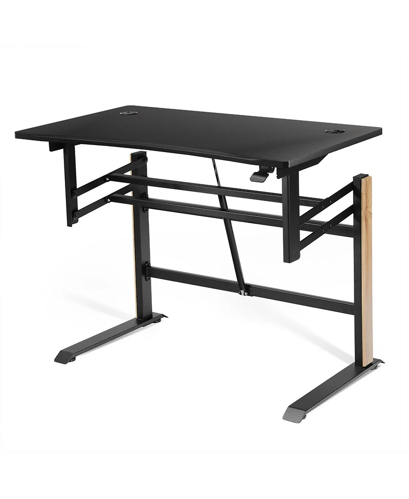 Gymax Pneumatic Height Adjustable Gaming Desk T Shaped Game Station w/Power Strip Tray
