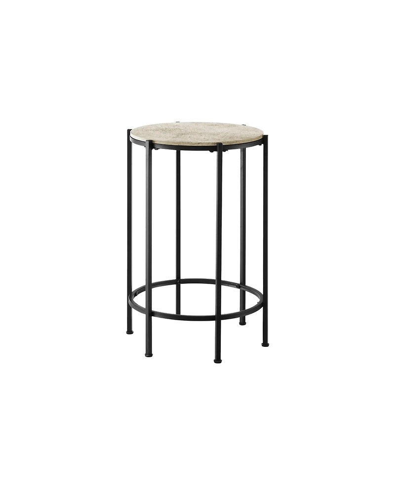 Lovmor Accent Table, End, Round, Side Table, Small, Lamp, Living Room, Bedroom, Nightstand, Cream Stone Laminate, Black Metal, Contemporary