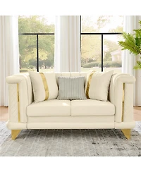 Streamdale Furniture 69" Velvet Loveseat Sofa, Gold Trim, Tufted, Pillows, Beige