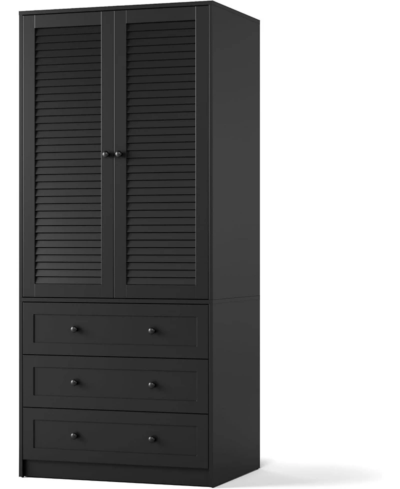 gaomon Modern Armoire Wardrobe Closet with 3 Drawers & 2 Doors, Tall Standing Wooden Cabinet for Hanging Clothes, Heavy Duty Storage