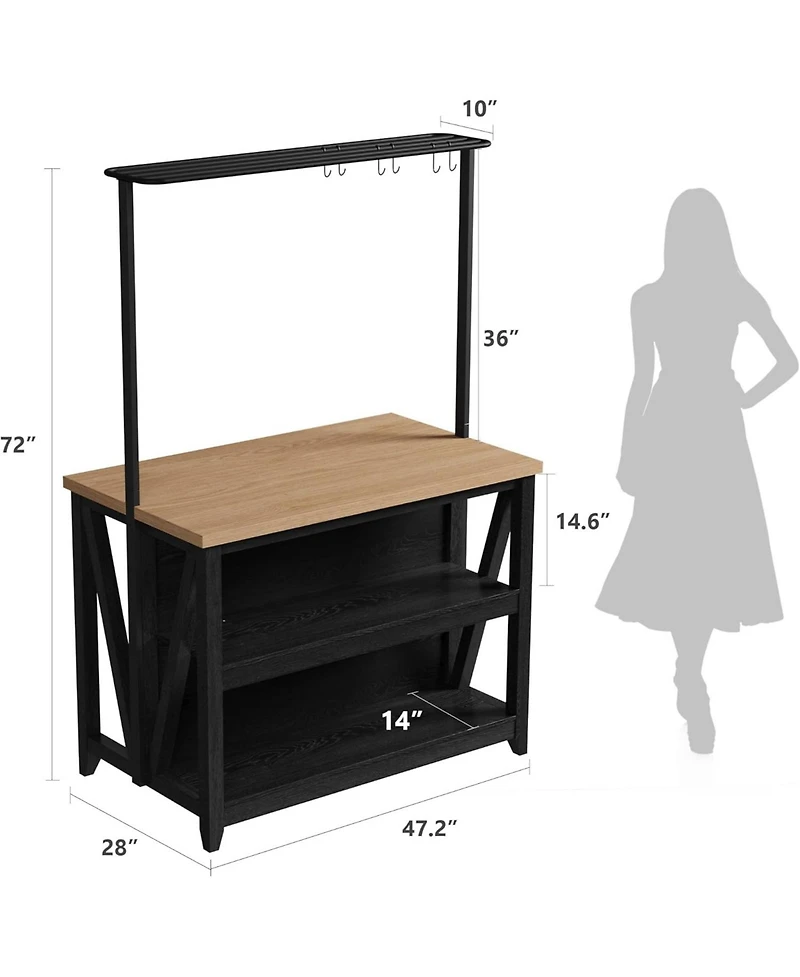 Gaomon Wooden Kitchen Island with Power Outlet & Led Lights, 47" Kitchen Island Table with Storage, 3-Tier Bakers Rack, Coffee Bar Table with Hoo