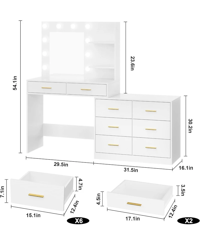 gaomon 61" Vanity Desk with Mirror and Lights, 8 Drawers & 2 Shelves, 3 Lighting Modes, Makeup Adjustable Brightness for Bedroom