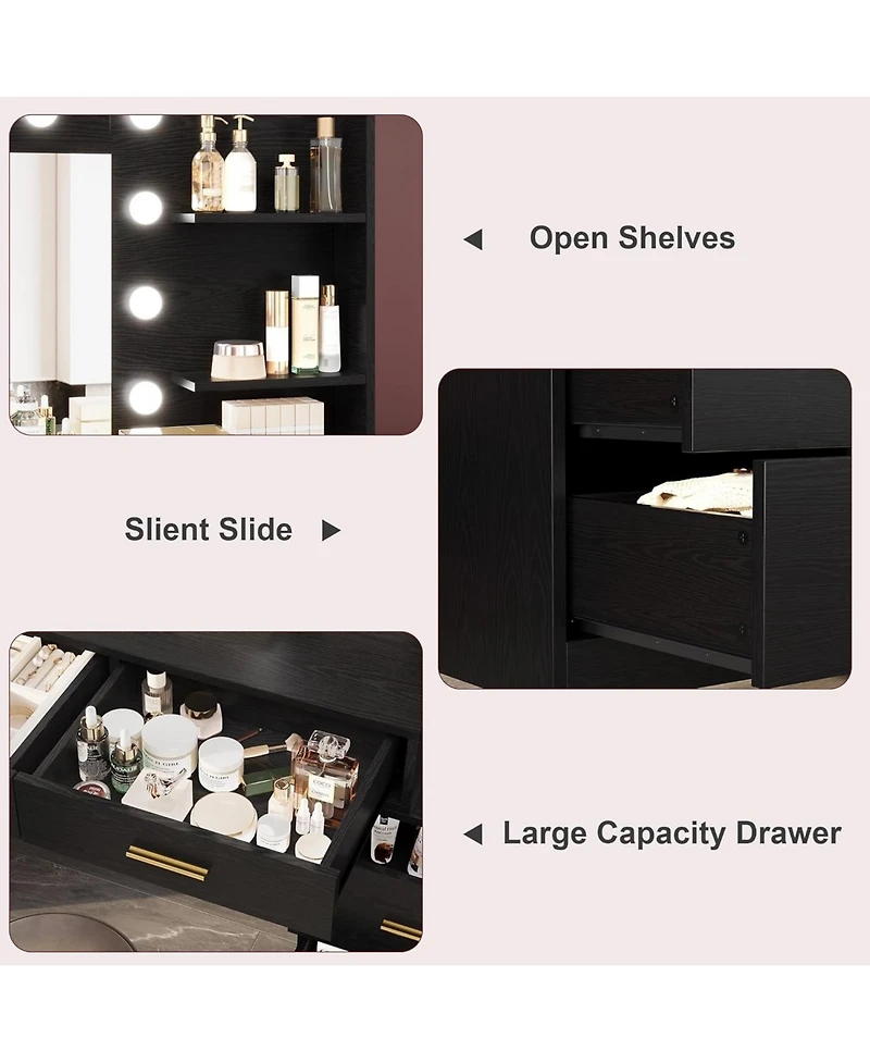 gaomon 61" Vanity Desk with Mirror and Lights, 8 Drawers & 2 Shelves, 3 Lighting Modes, Makeup Adjustable Brightness for Bedroom