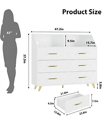 Gaomon 47 Inch 6 Drawer Dresser with Led Light Charging Station Storage Shelf Gold Legs Modern Drawer Cabinet for Bedroom Living Room