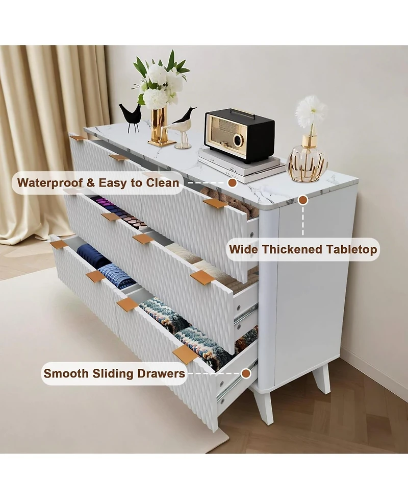 gaomon 54" Farmhouse Style 6-Drawer Chest with Faux Marble Top, Wide Wood Dresser for Bedroom & Living Room