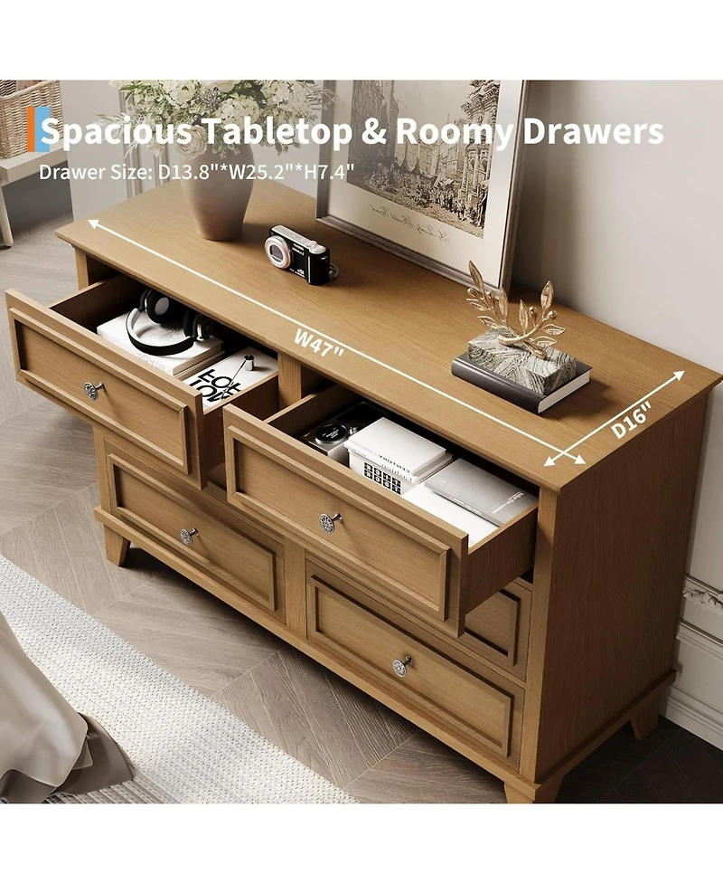 gaomon 6 Drawer Dresser, Wooden Storage Chest of Drawers with Exquisite Metal Handles, Large Wide Dresser Tv Stand