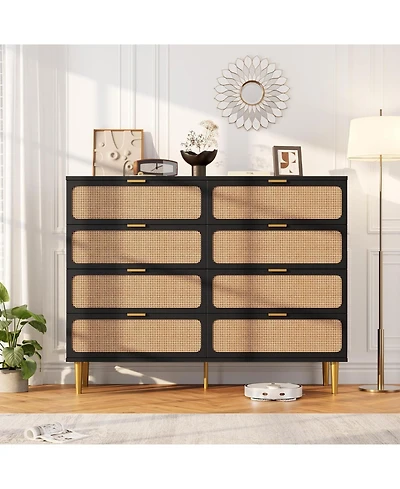 gaomon Rattan -Drawer Dresser, Tall Wood Chest with Wide Top, Large Storage Cabinet for Bedroom, Living Room