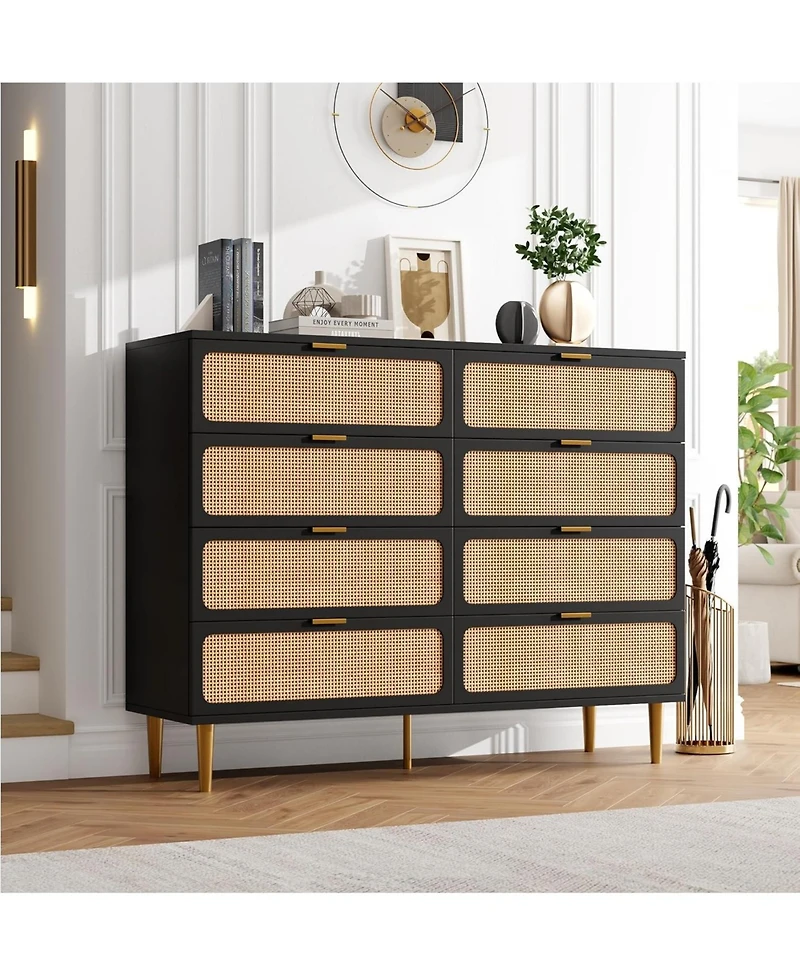gaomon Rattan -Drawer Dresser, Tall Wood Chest with Wide Top, Large Storage Cabinet for Bedroom, Living Room