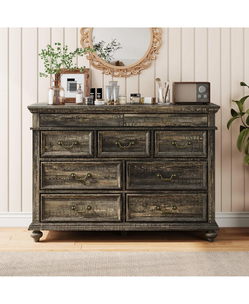 gaomon 47-Inch Wide Farmhouse 9-Drawer Wood Bedroom Dresser with Rustic Design and Metal Handles