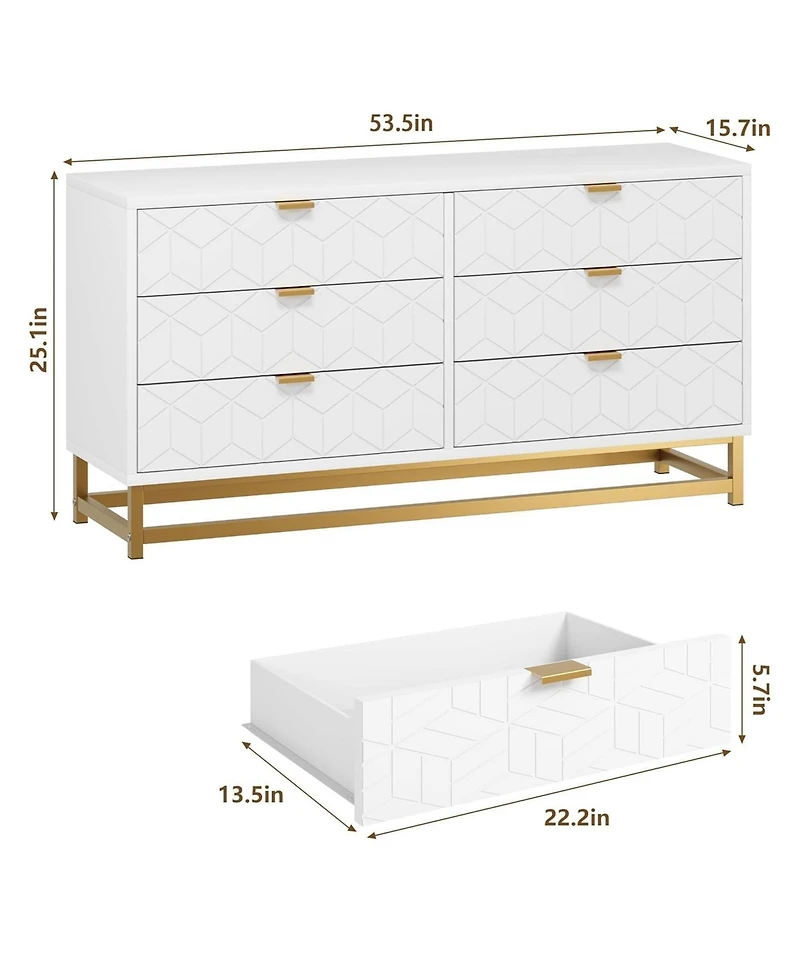 gaomon Dresser for Bedroom, 53.5" Large Organizer, 6 Drawer with Golden Metal Handle and Legs