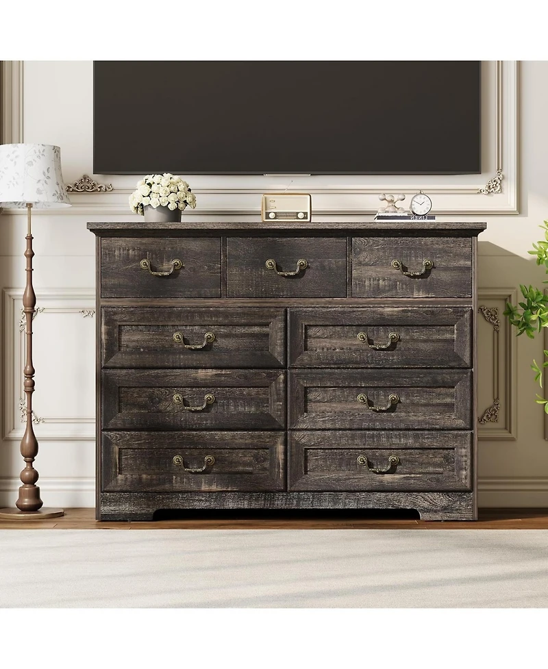 Gaomon 9-Drawer Wooden Rustic Vintage Dark Grey Dresser with Natural Texture and Spacious