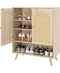 Gaomon Rattan Shoe Cabinet with Doors, 4-Tier Entryway Shoe Organizer with Woven Rattan Panels and Adjustable Shelves for Hallway or Living Room