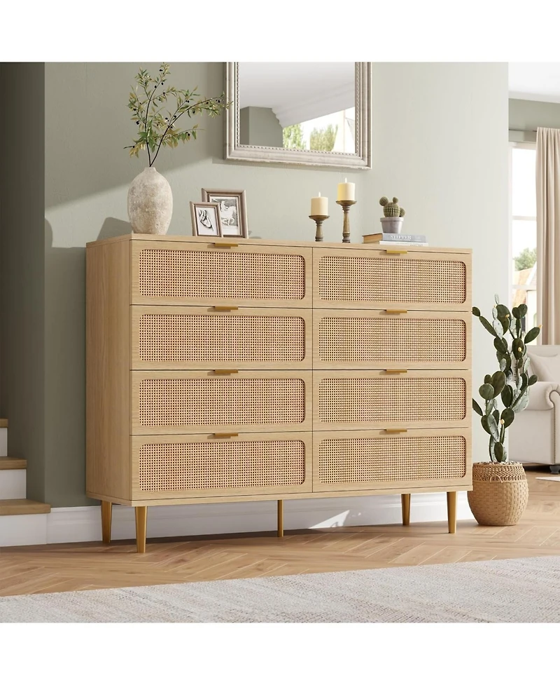 gaomon Rattan 8-Drawer Dresser – Tall Modern Chest with Deep Storage & Wide Top for Bedroom, Living Room, Hallway, Kids Room