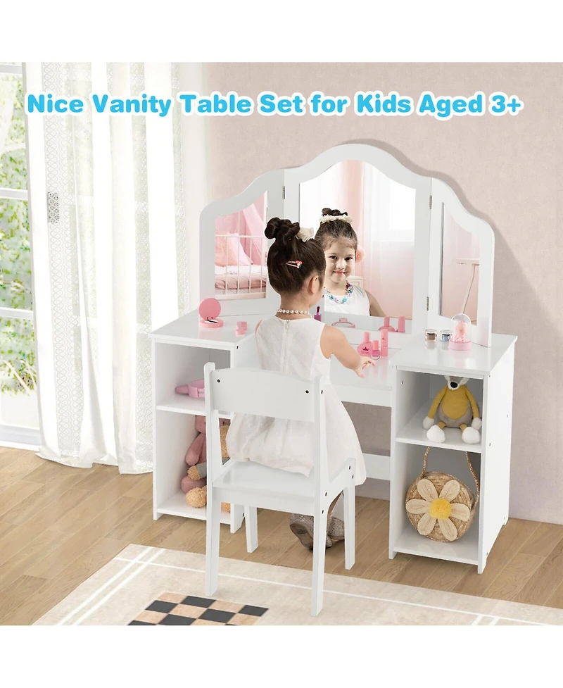 Gymax Kids Vanity 2 1 Princess Makeup Desk and Chair Set Safe Tri-fold Mirror