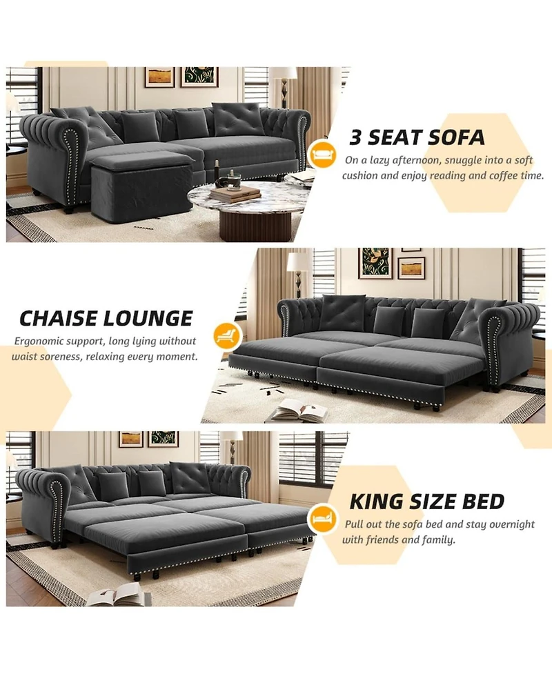 Maison Boucle 89" Sleeper Sofa Bed, King Velvet Pull-Out Couch with Chaise Lounge & Ottoman, 3-in-1 Tufted for Living Room
