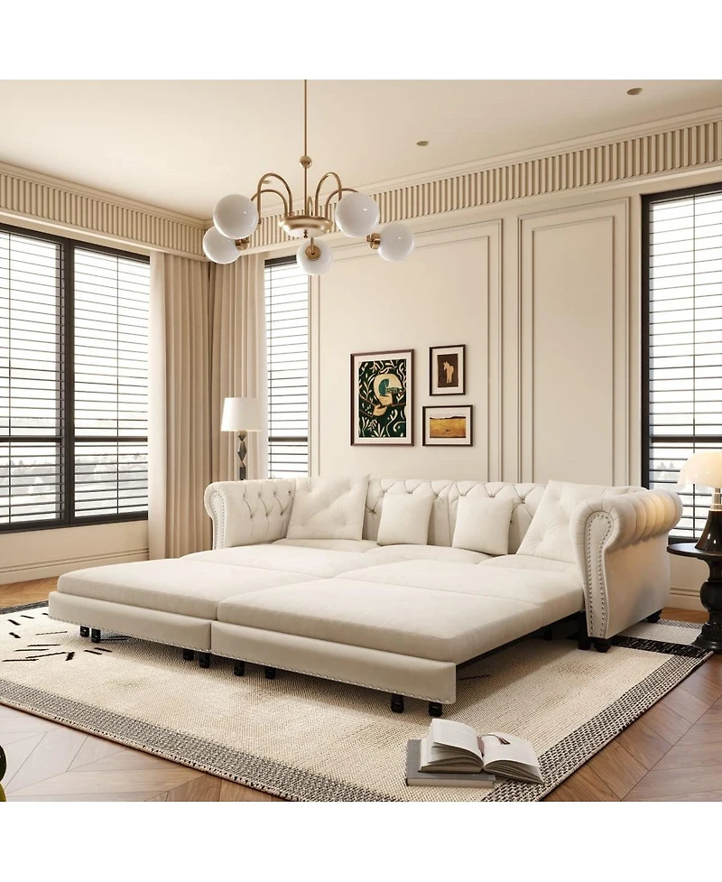 Maison Boucle 89" Sleeper Sofa Bed, King Velvet Pull-Out Couch with Chaise Lounge & Ottoman, 3-in-1 Tufted for Living Room