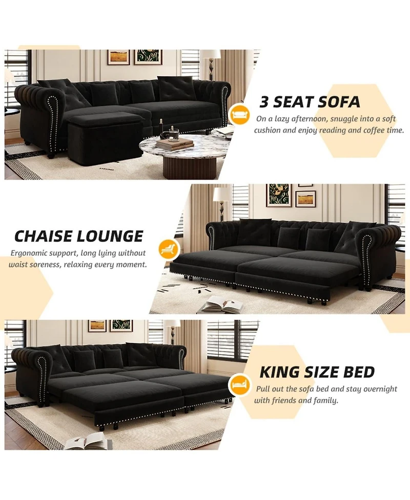 Maison Boucle 89" Sleeper Sofa Bed, King Velvet Pull-Out Couch with Chaise Lounge & Ottoman, 3-in-1 Tufted for Living Room