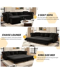 Maison Boucle 89" Sleeper Sofa Bed, King Velvet Pull-Out Couch with Chaise Lounge & Ottoman, 3-in-1 Tufted for Living Room