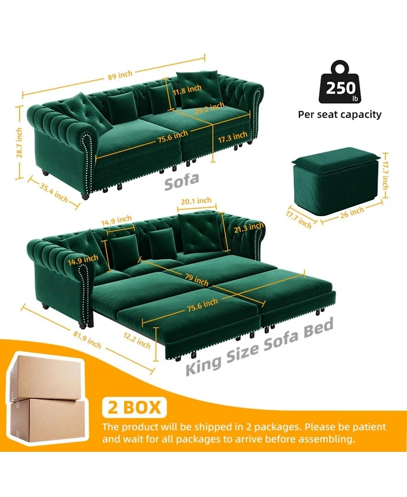 Maison Boucle 89" Sleeper Sofa Bed, King Size Velvet Pull-Out Couch with Chaise Lounge & Ottoman, 3-in-1 Tufted Sofa for Living Room