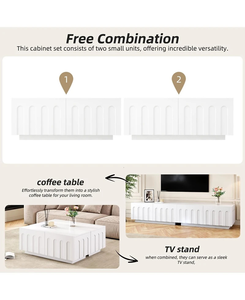 Streamdale Furniture Elegant Tv Stand & Coffee Table Set, Arched Media Console, White