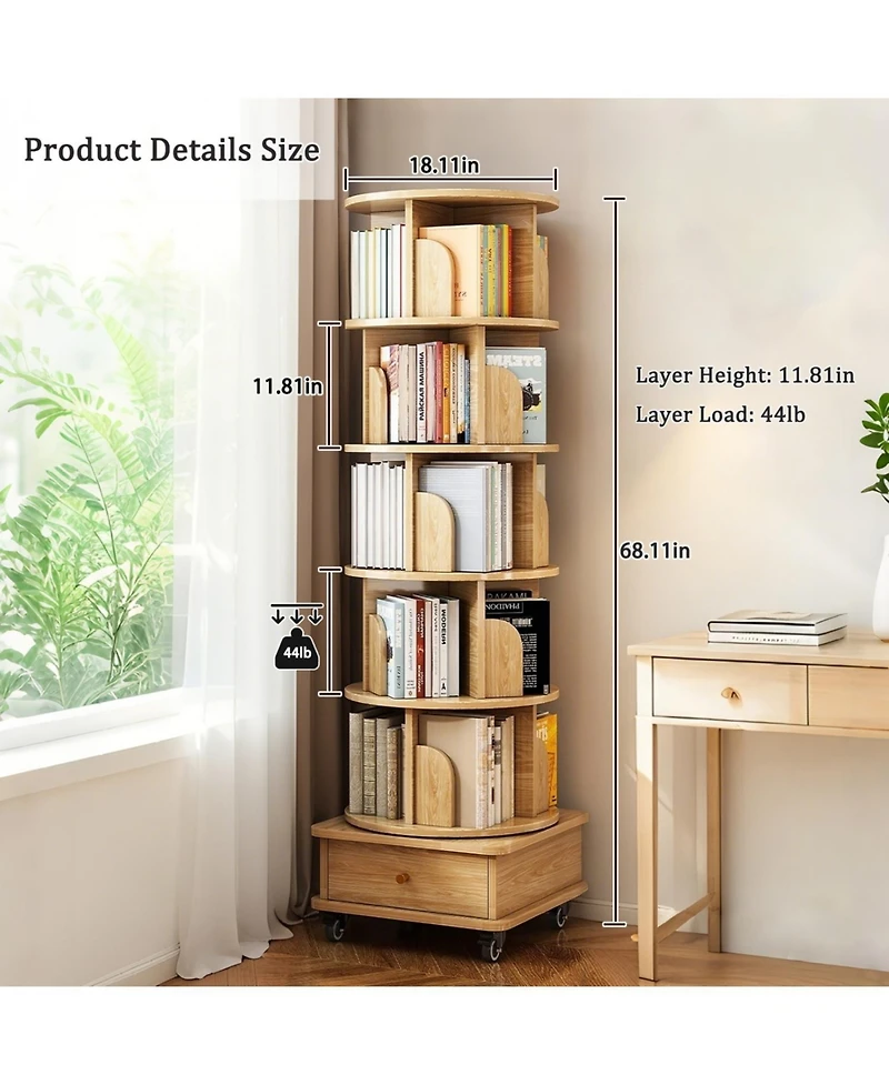 Streamdale Furniture Rotating Bookshelf with Wheels & Drawer