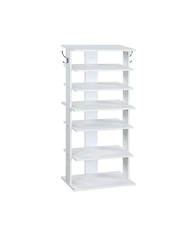 Streamdale Furniture 7-Tier Vertical Shoe Rack Organizer with Hooks - White