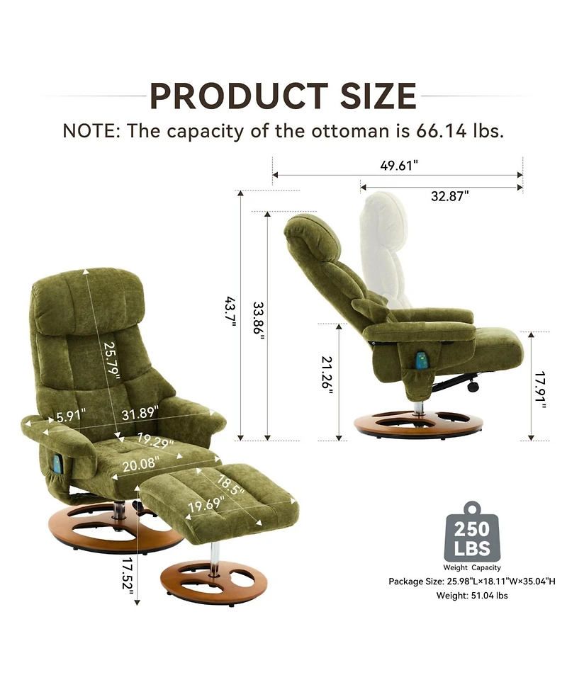 Streamdale Furniture Ergonomic Recliner Chair with Ottoman, Massage, Heat, 360 Swivel, Green
