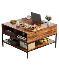 Streamdale Furniture Flip-Top Coffee Table - Dark Walnut & Black Metal - Lift-Top w/ Storage