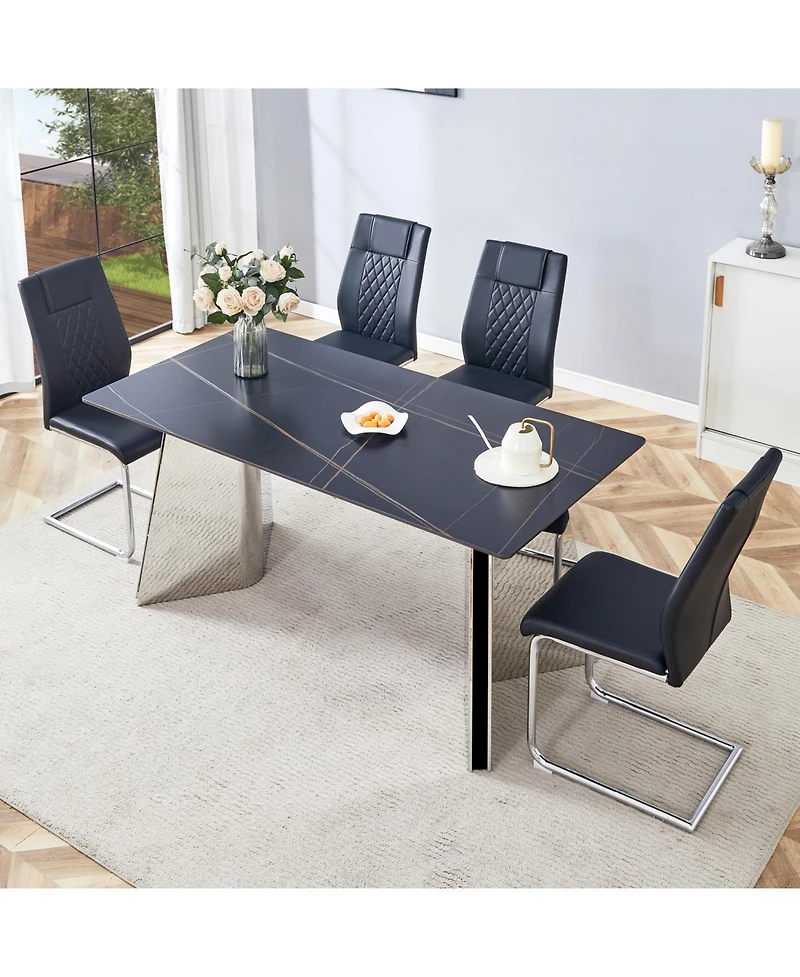 Streamdale 63" Black Marble-Patterned Table with Butterfly Legs and 4 Black Pu Chairs