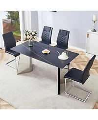 Streamdale 63" Black Marble-Patterned Table with Butterfly Legs and 4 Black Pu Chairs