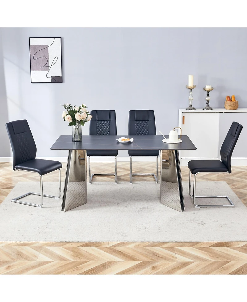 Streamdale 63" Black Marble-Patterned Table with Butterfly Legs and 4 Black Pu Chairs