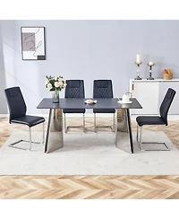 Streamdale 63" Black Marble-Patterned Table with Butterfly Legs and 4 Black Pu Chairs