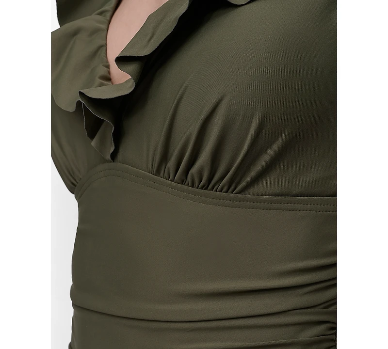 Dkny Ruffle Plunge Underwire Tummy Control One-Piece Swimsuit, Created for Macy's