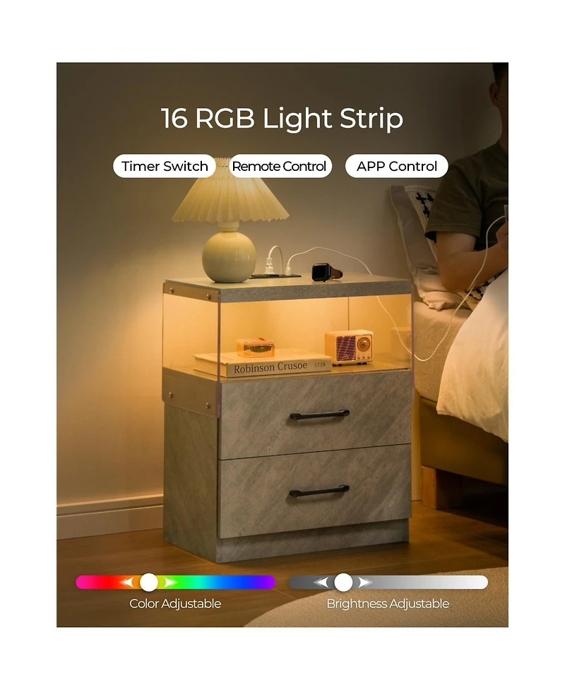 Streamdale Led Nightstand with 2 Drawers - Grey