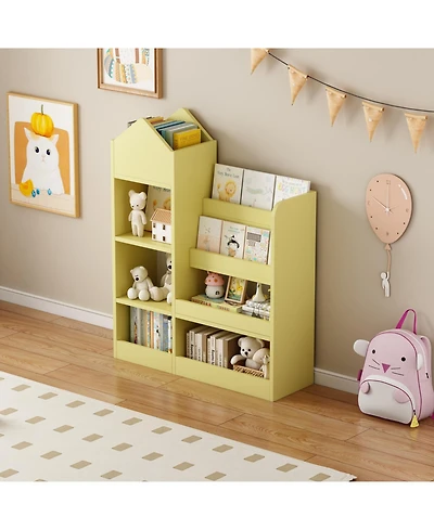 Streamdale Furniture Streamdale Yellow Kids Wooden Bookshelf with 6 Compartments and 2 Baskets