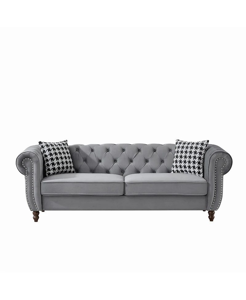 Streamdale Furniture Streamdale 87" Chesterfield Velvet Sofa, Roll Arm, Nailhead Trim