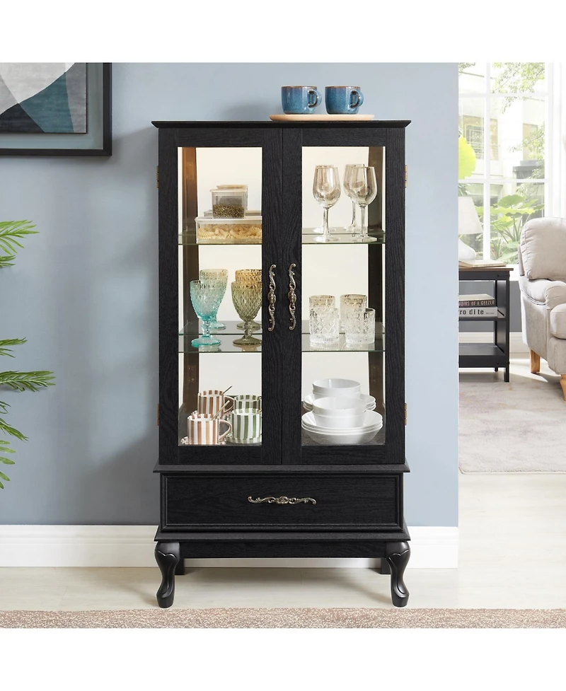 Streamdale Furniture Lighted Curio Cabinet with Glass Doors, Led Lights, Black Finish