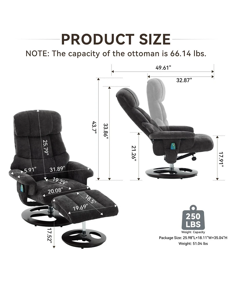 Streamdale Furniture Swivel Recliner Chair with Ottoman, Massage & Heat, Dark Grey